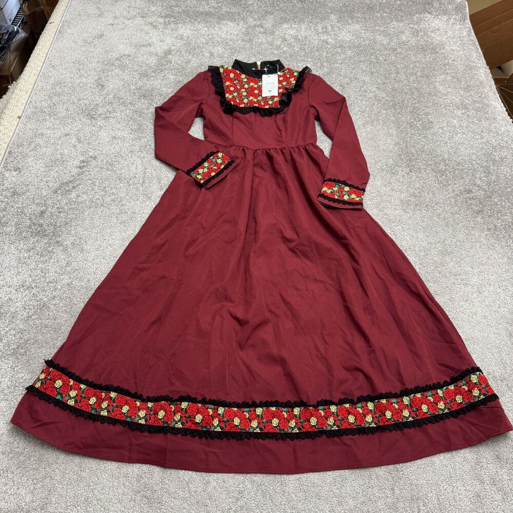 SHEIN X Frida Kahlo Floral Lace Trim Maxi Dress Womens XS Long Sleeve Burgundy